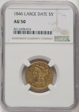 1846 $5 Large Date Liberty Half Eagle NGC AU50 (572216002)