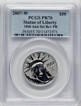2007-W $50 Half-Ounce Platinum Reverse Proof 10th Anniversary Blue Gradient PCGS PR70