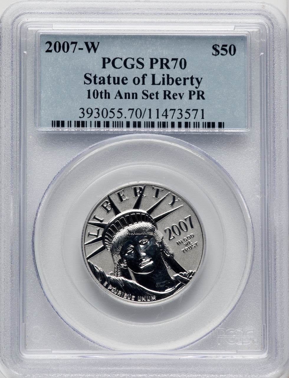 2007-W $50 Half-Ounce Platinum Reverse Proof 10th Anniversary Blue Gradient PCGS PR70