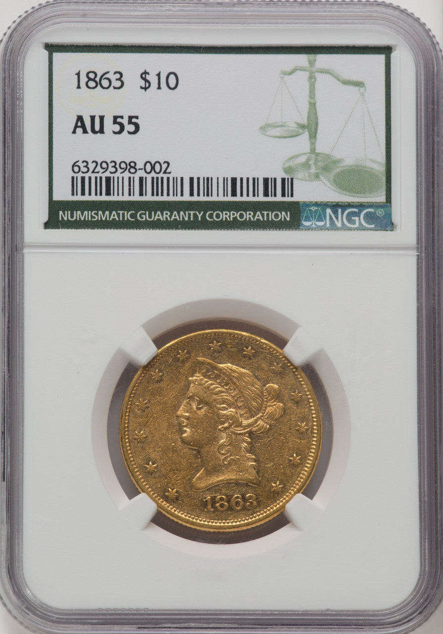 1863 $10 Green Label Liberty Eagle NGC AU55