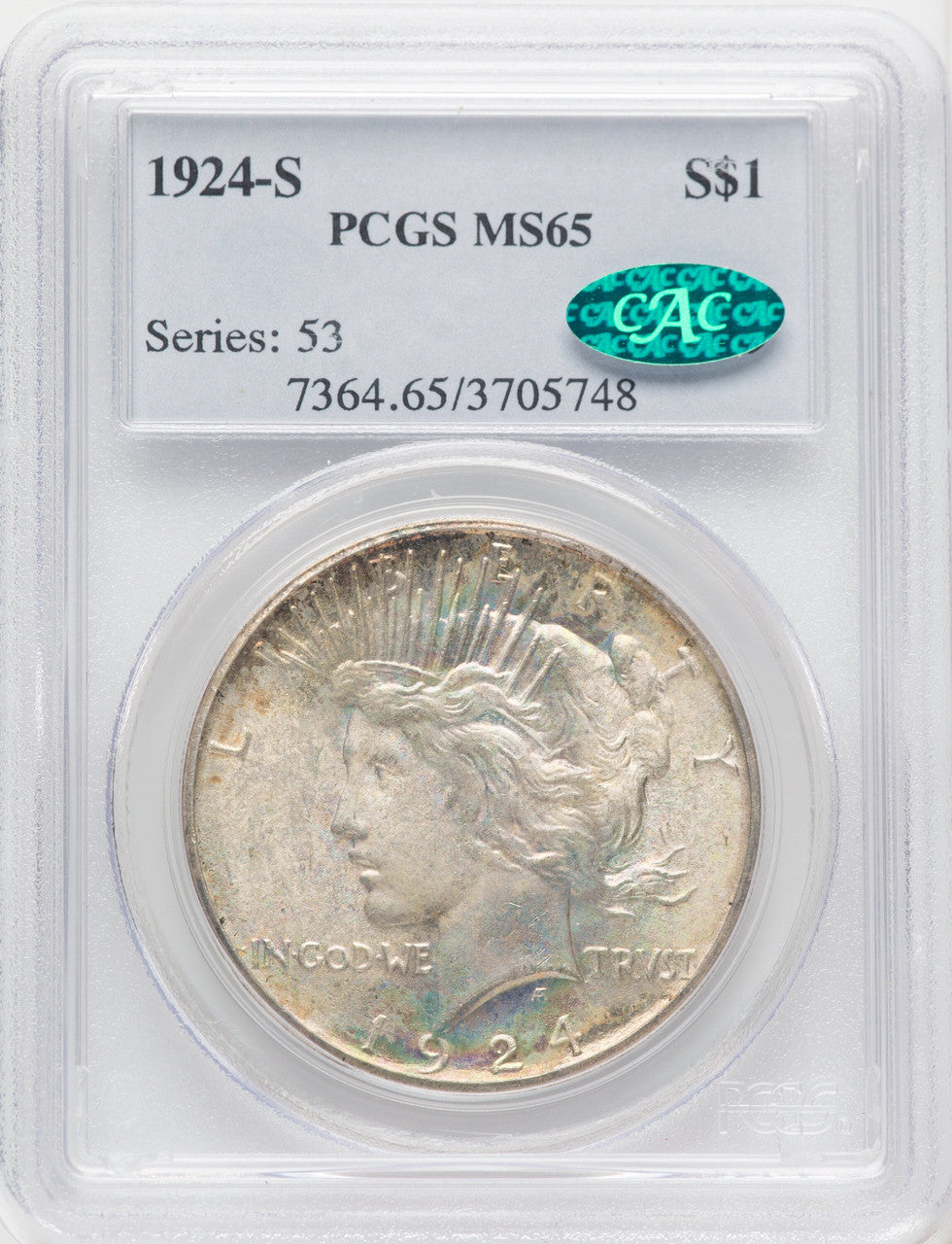 1924-S CAC Peace Dollar PCGS MS65