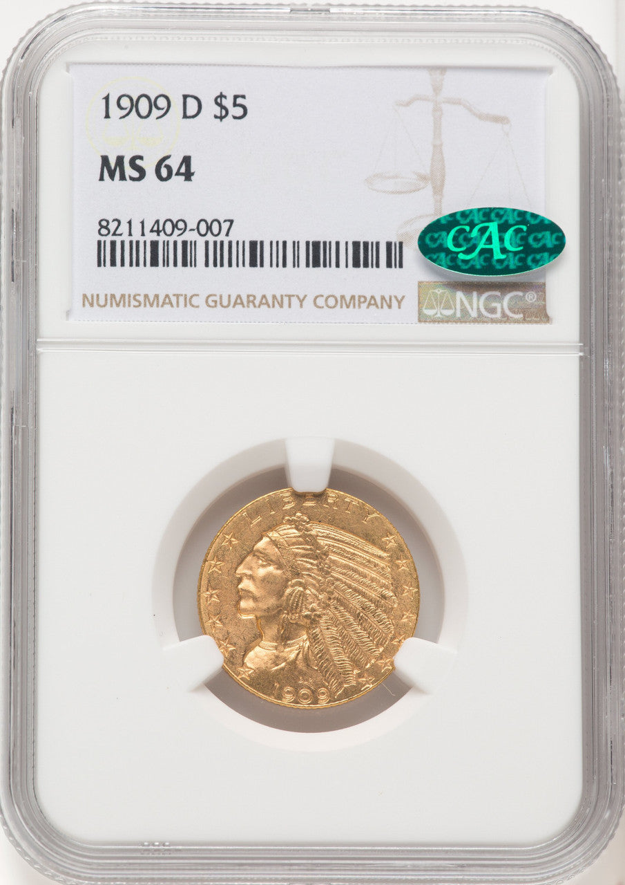 1909-D $5 Indian Half Eagle CACG MS64
