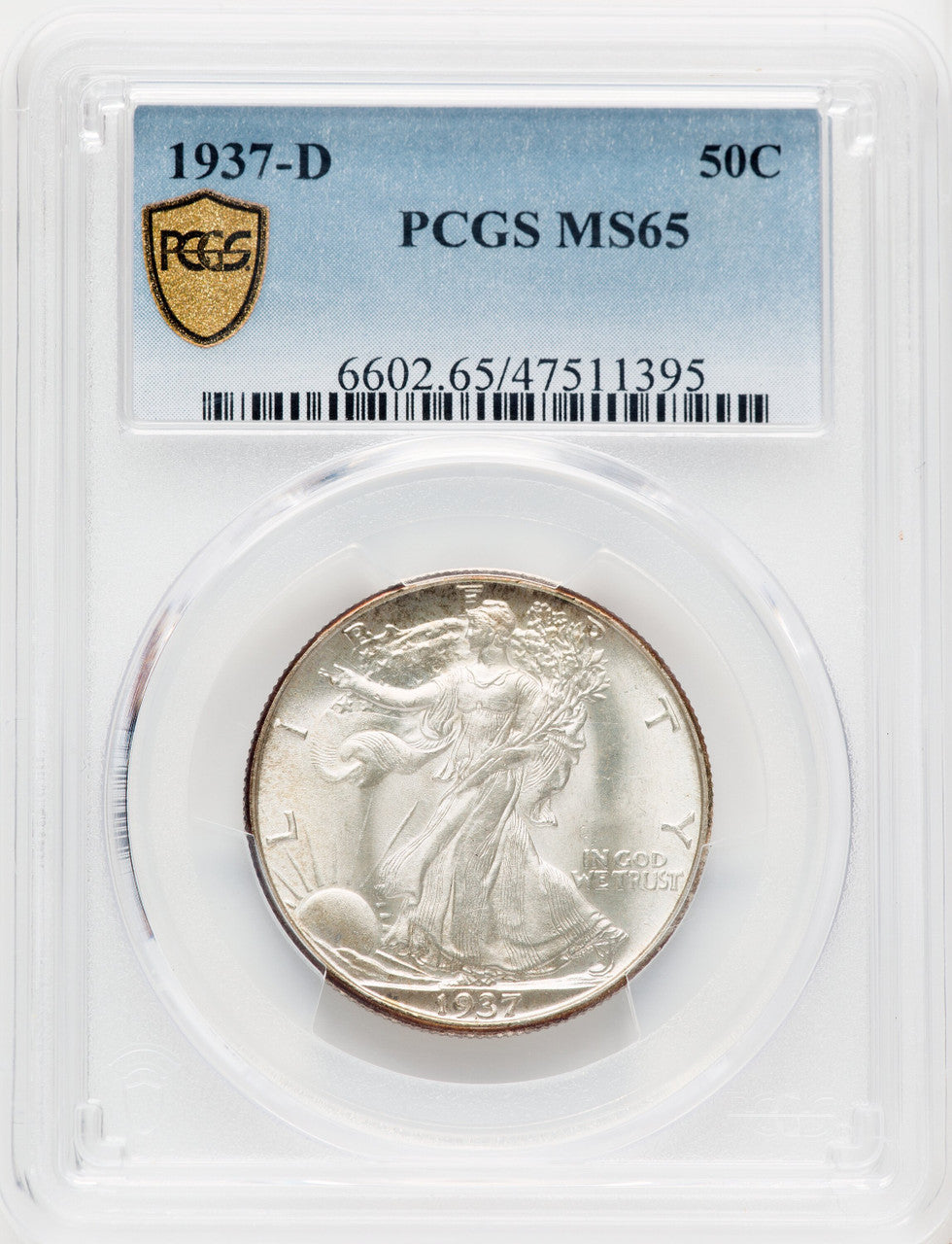 1937-D 50C Blue Gradient Walking Liberty Half Dollar PCGS MS65