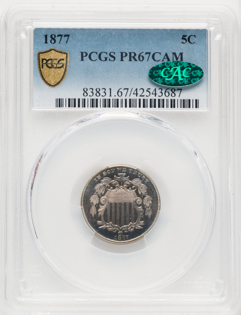 1877 5C CA CAC Proof Shield Nickel PCGS PR67