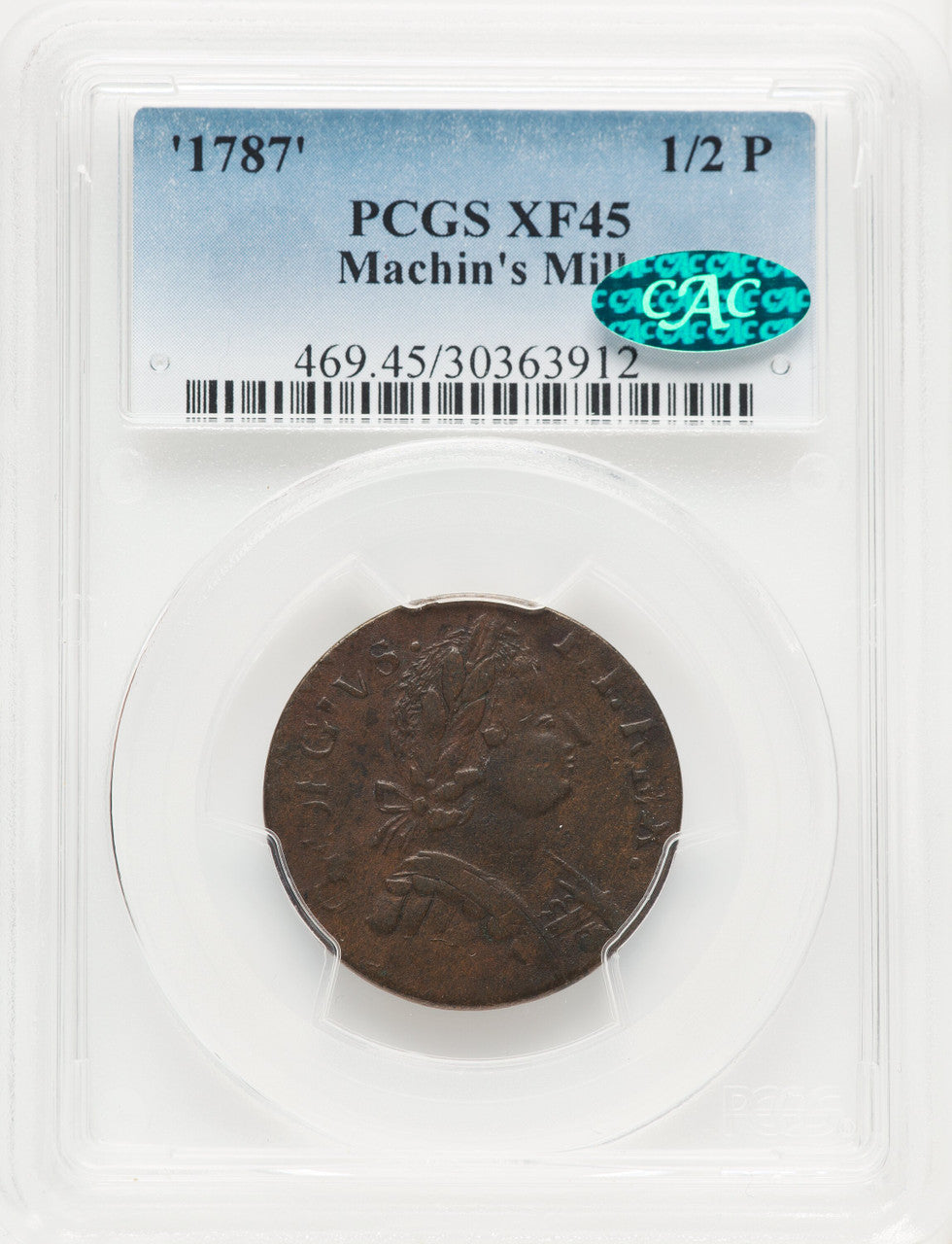 '1787' Machin's Mills Halfpenny BN CAC Colonials PCGS XF45