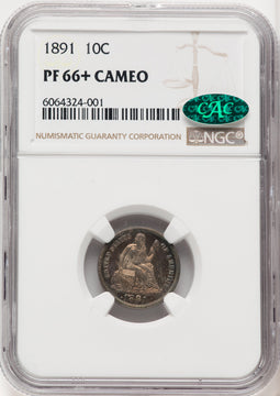 1891 10C CA Proof Seated Dime CACG PR66