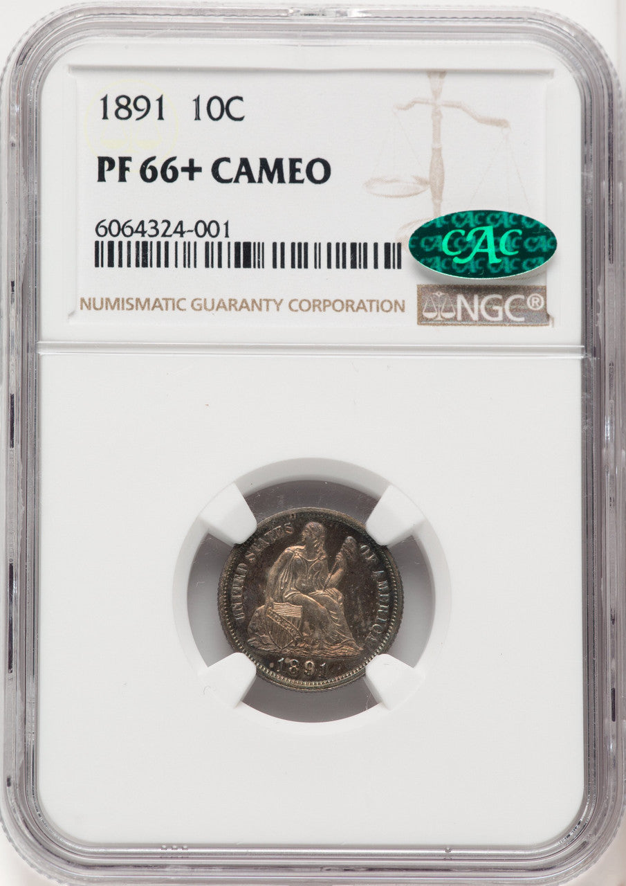 1891 10C CA Proof Seated Dime CACG PR66