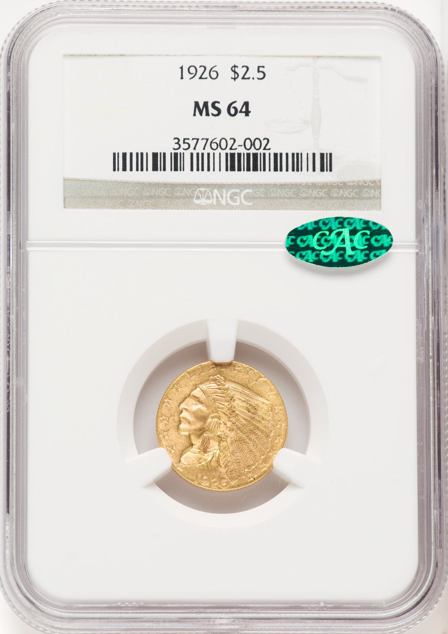 1926 $2.50 CAC Indian Quarter Eagle NGC MS64