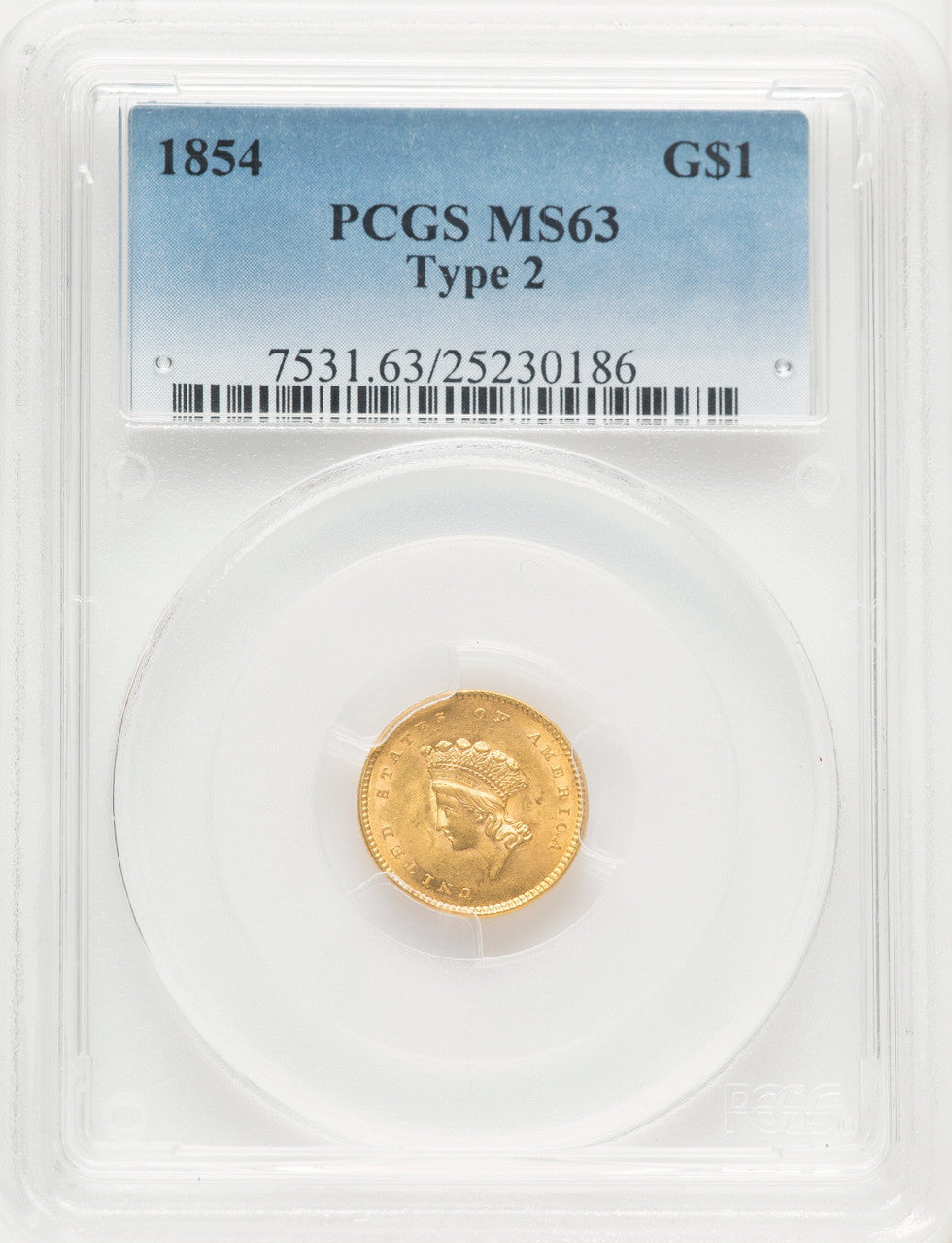 1854 G$1 Type Two Gold Dollar PCGS MS63 (771568002)