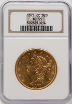 1871-CC $20 Liberty Double Eagle NGC AU55