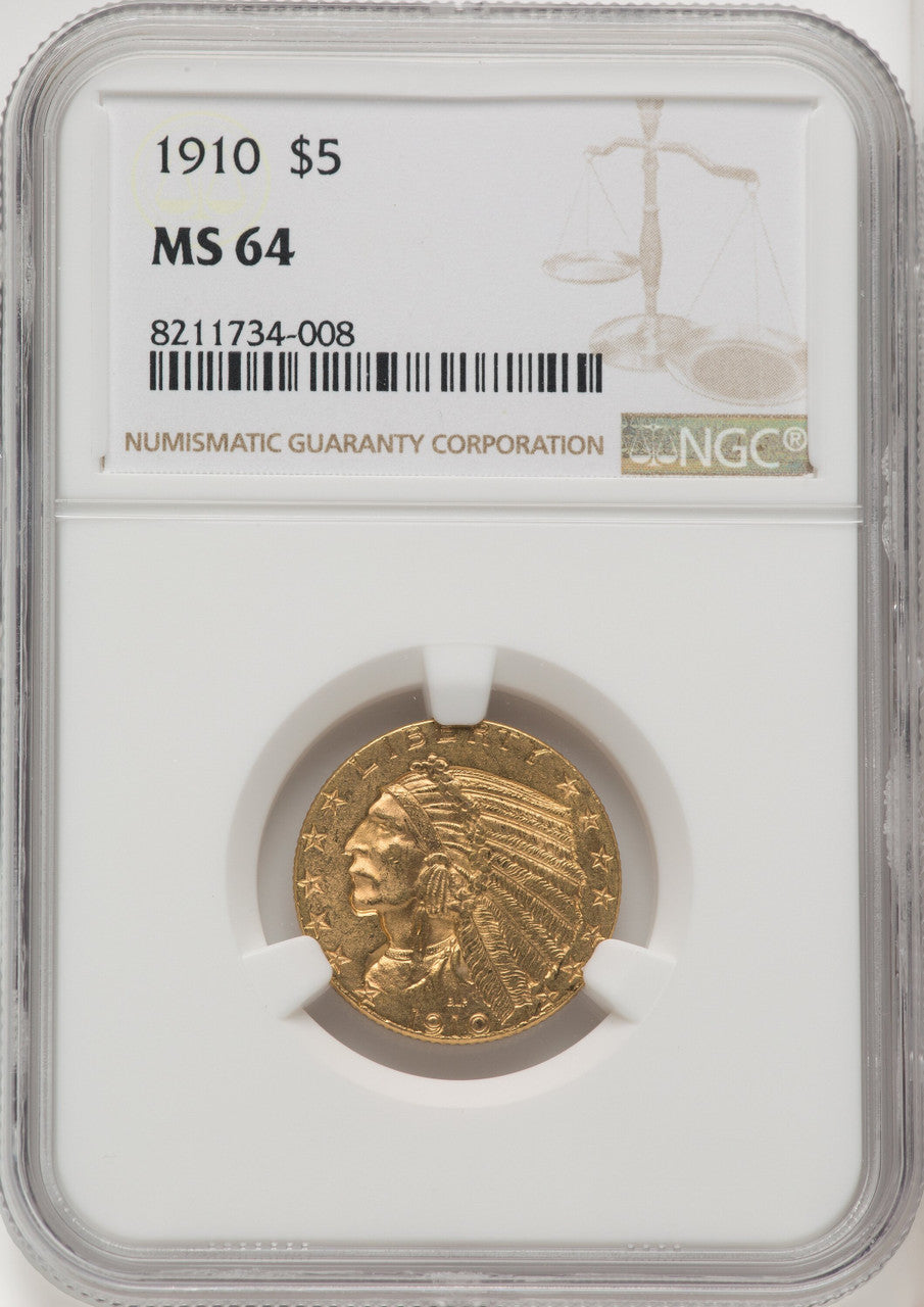1910 $5 Indian Half Eagle NGC MS64 (519874010)
