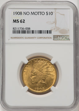 1908 $10 NO MOTTO Indian Eagle NGC MS62