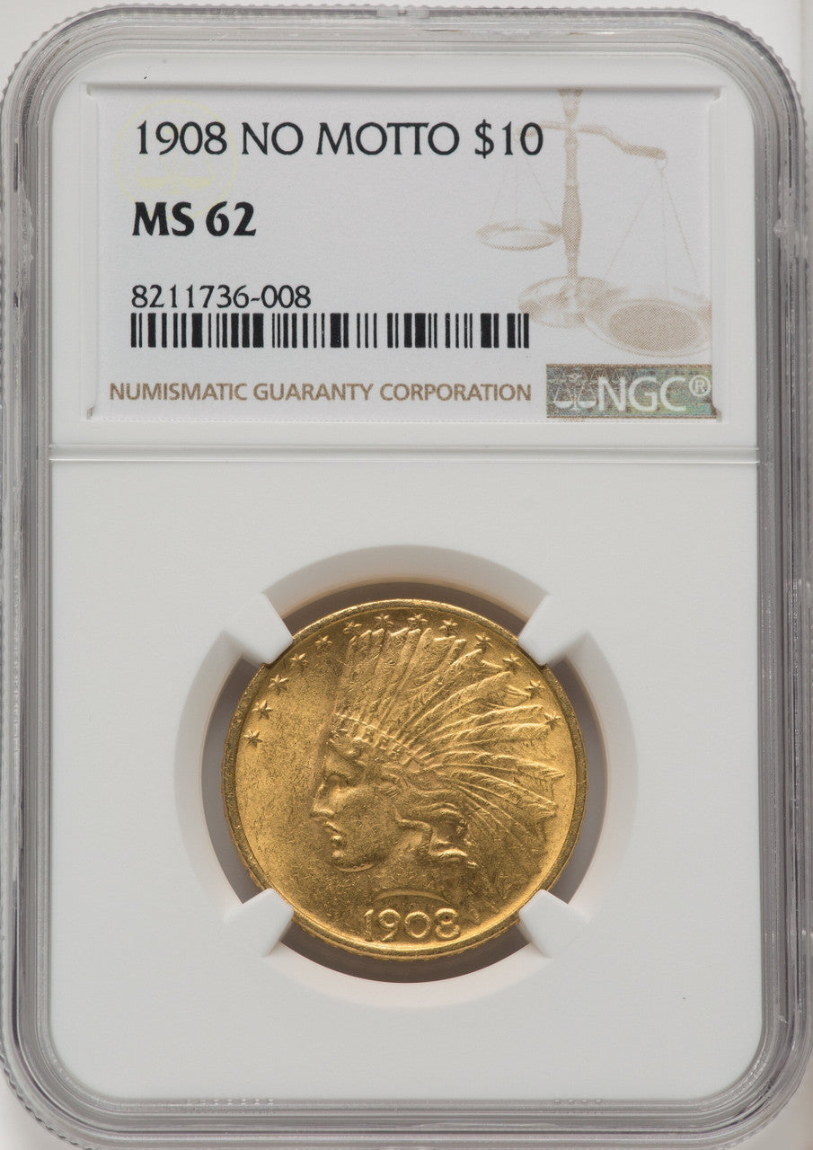 1908 $10 NO MOTTO Indian Eagle NGC MS62
