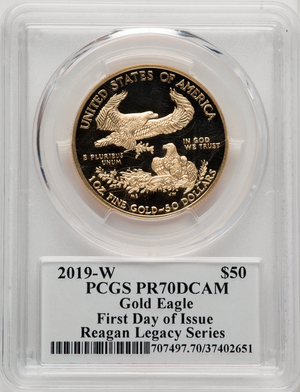 2019-W $50 One-Ounce Gold Eagle First Day of Issue Michael Reagan Reagan Legacy Series PCGS PR70