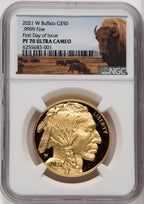 2021-W G$50 Gold BuffaloFirst Day of Issue DCAM FDI Bison Label NGC PF70
