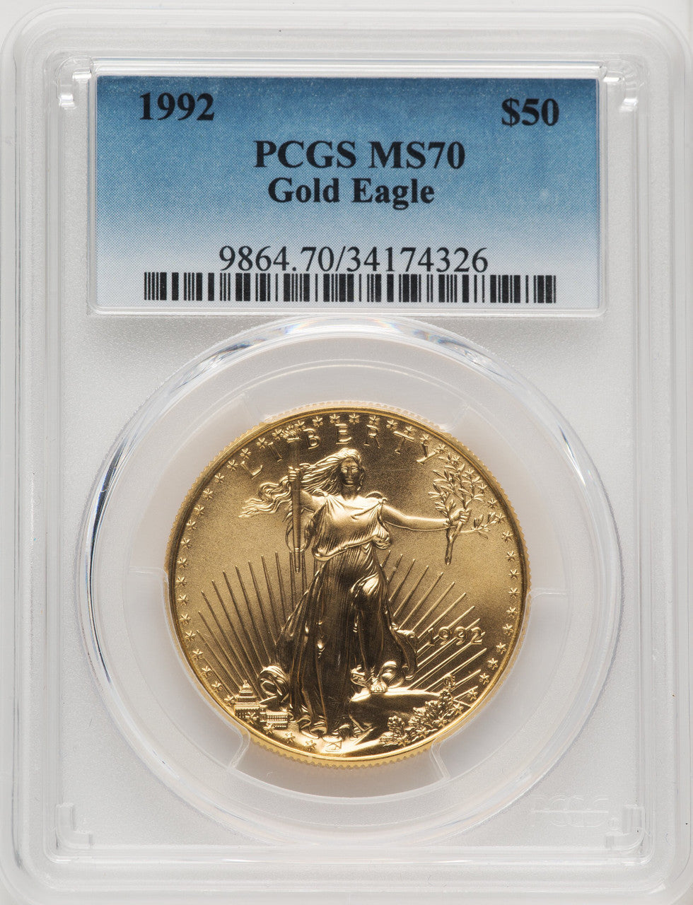 1992 $50 One-Ounce Gold Eagle Blue Gradient PCGS MS70