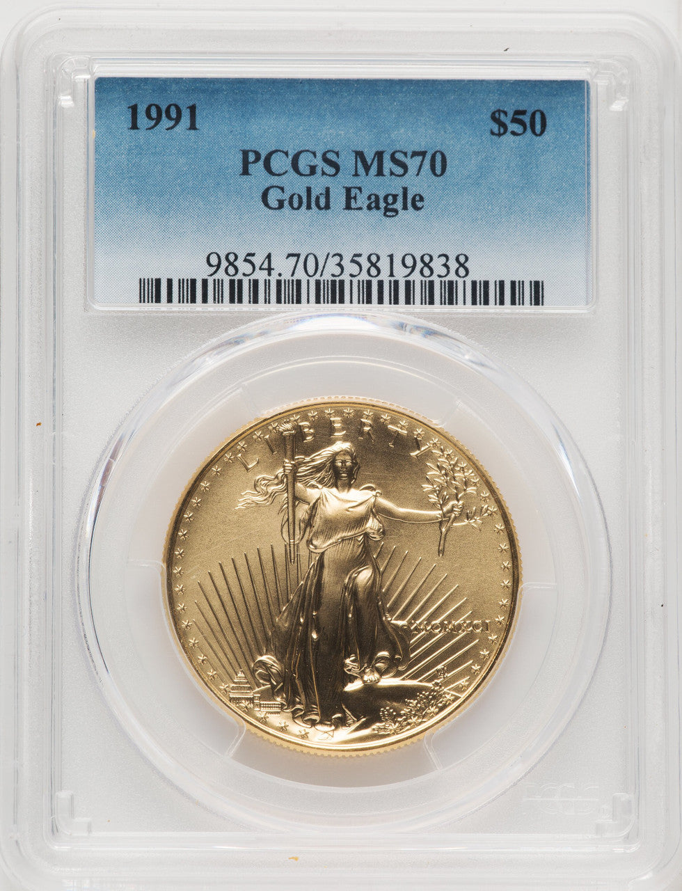 1991 G$50 One-Ounce Gold Eagle Blue Gradient PCGS MS70