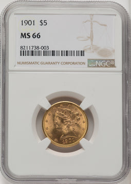 1901 $5 Liberty Half Eagle NGC MS66 (771338002)