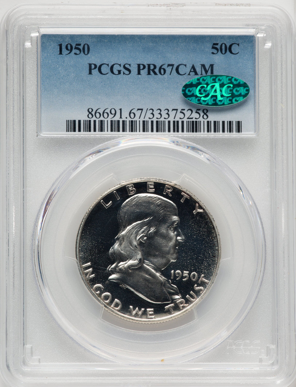 1950 50C CA CAC Proof Franklin Half Dollar PCGS PR67