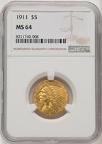 1911 $5 Indian Half Eagle NGC MS64