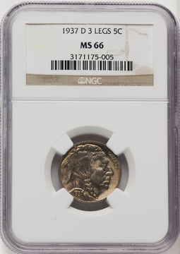 1937-D 5C Three-Legged FS-901 Buffalo Nickel NGC MS66 (771306004)