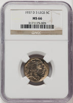 1937-D 5C Three-Legged FS-901 Buffalo Nickel NGC MS66 (771306004)