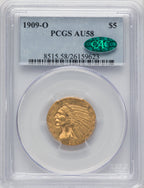 1909-O $5 CAC Indian Half Eagle PCGS AU58