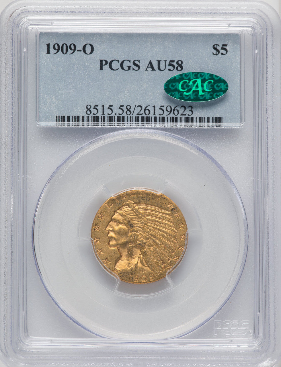 1909-O $5 CAC Indian Half Eagle PCGS AU58