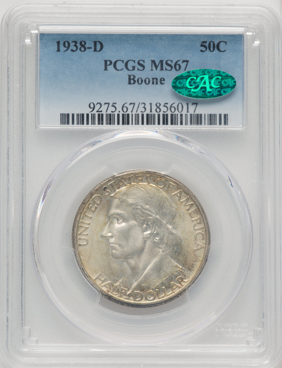 1938-D 50C Boone CAC Commemorative Silver PCGS MS67