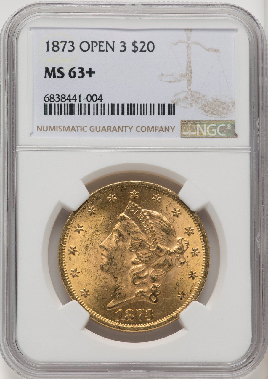 1873 $20 OPEN 3 Liberty Double Eagle NGC MS63+