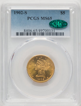 1902-S $5 CAC Liberty Half Eagle PCGS MS65
