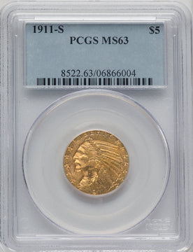 1911-S $5 Indian Half Eagle PCGS MS63 (520061032)