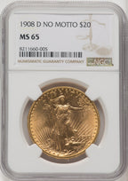 1908-D $20 NO MOTTO Saint-Gaudens Double Eagle NGC MS65 (771365028)