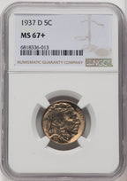1937-D 5C Brown Label Buffalo Nickel NGC MS67+