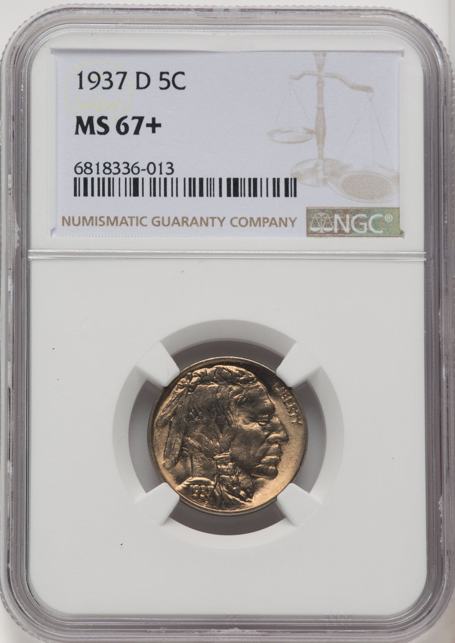 1937-D 5C Brown Label Buffalo Nickel NGC MS67+