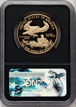 2017-W $50 One-Ounce Gold Eagle First Day of Issue FDI Ed Moy Blk Core NGC PF70