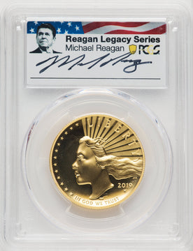 2019-W G$100 American Liberty High Relief Enhanced PL Struck at West Point Reagan Legacy Series Michael Reagan Picture PCGS MS70
