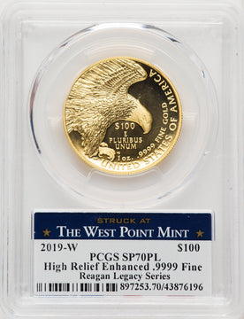 2019-W G$100 American Liberty High Relief Enhanced PL Struck at West Point Reagan Legacy Series Michael Reagan Picture PCGS MS70