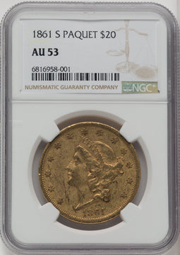 1861-S $20 PAQUET Liberty Double Eagle NGC AU53