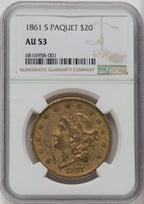 1861-S $20 PAQUET Liberty Double Eagle NGC AU53