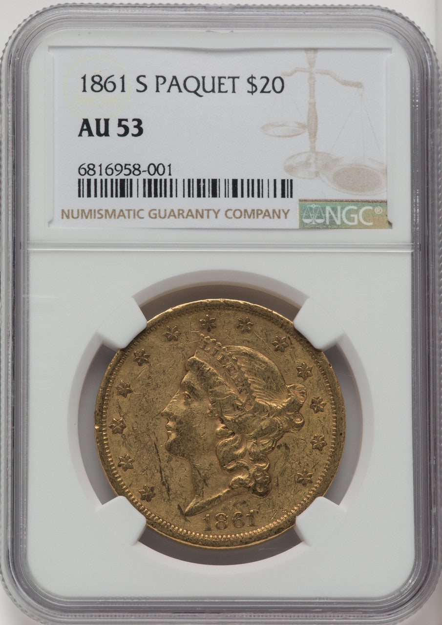 1861-S $20 PAQUET Liberty Double Eagle NGC AU53