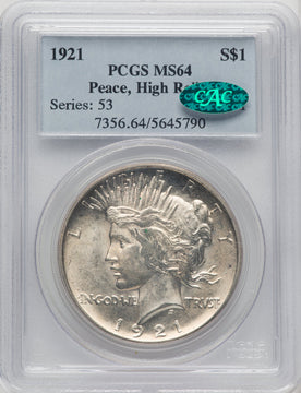 1921 Peace CAC Peace Dollar PCGS MS64