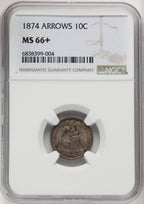 1874 10C ARROWS Seated Dime NGC MS66+