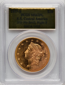 1857-S $20 NoSerRt S Liberty Double Eagle PCGS MS62
