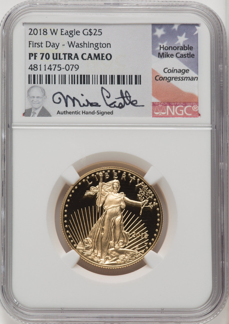 2018-W G$25 Half Ounce Gold Eagle First Day of Issue FDI Mike Castle NGC PF70