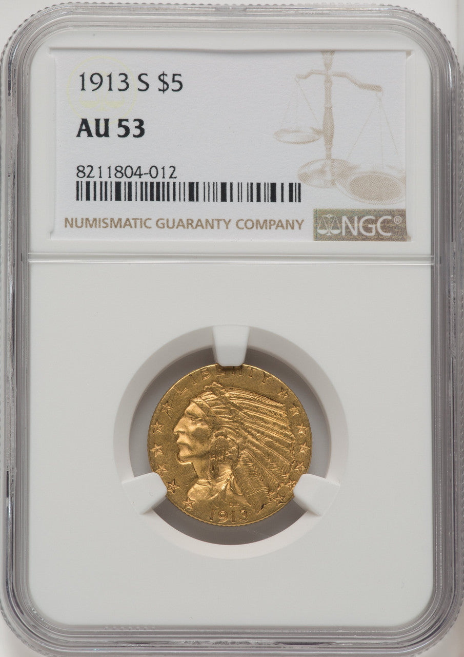 1913-S $5 Indian Half Eagle NGC AU53 (506434003)