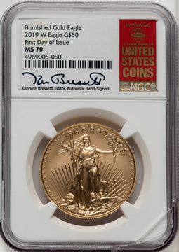 2019-W $50 One-Ounce Gold Eagle Burnished FDI Kenneth Bressett Red Book NGC MS70