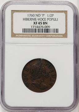 1760 Hibernia-Voce Populi Halfpenny BN Colonials NGC XF45