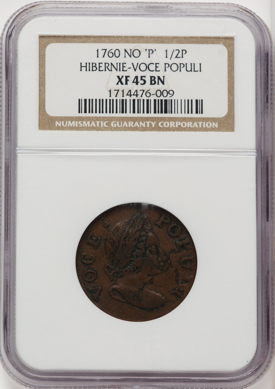 1760 Hibernia-Voce Populi Halfpenny BN Colonials NGC XF45