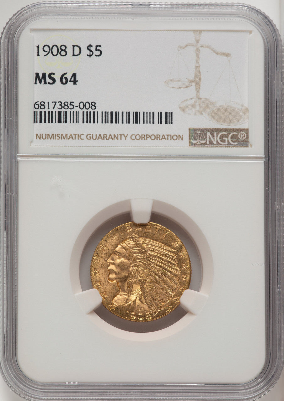 1908-D $5 Indian Half Eagle NGC MS64 (772556007)